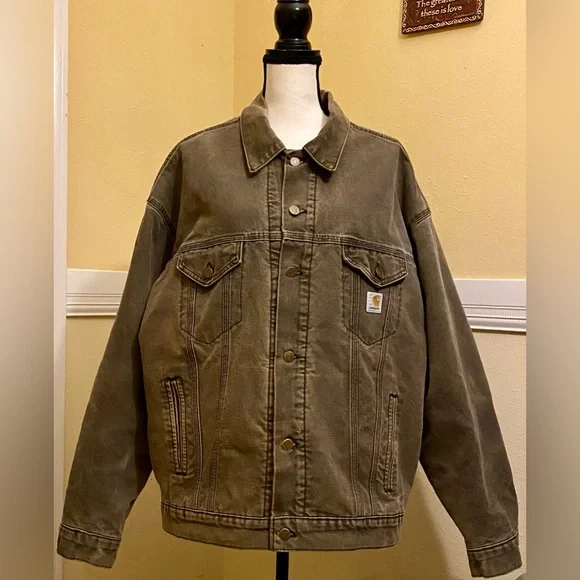CARHARTT Men’s Faded Brown Canvas Blanket Lined Trucker Jacket; XXL; EUC.